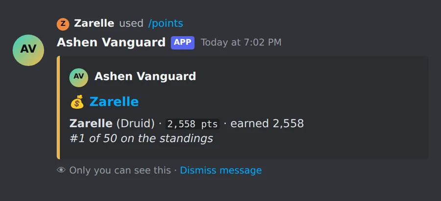The bot answering a raider's /points command with their balance and standing
