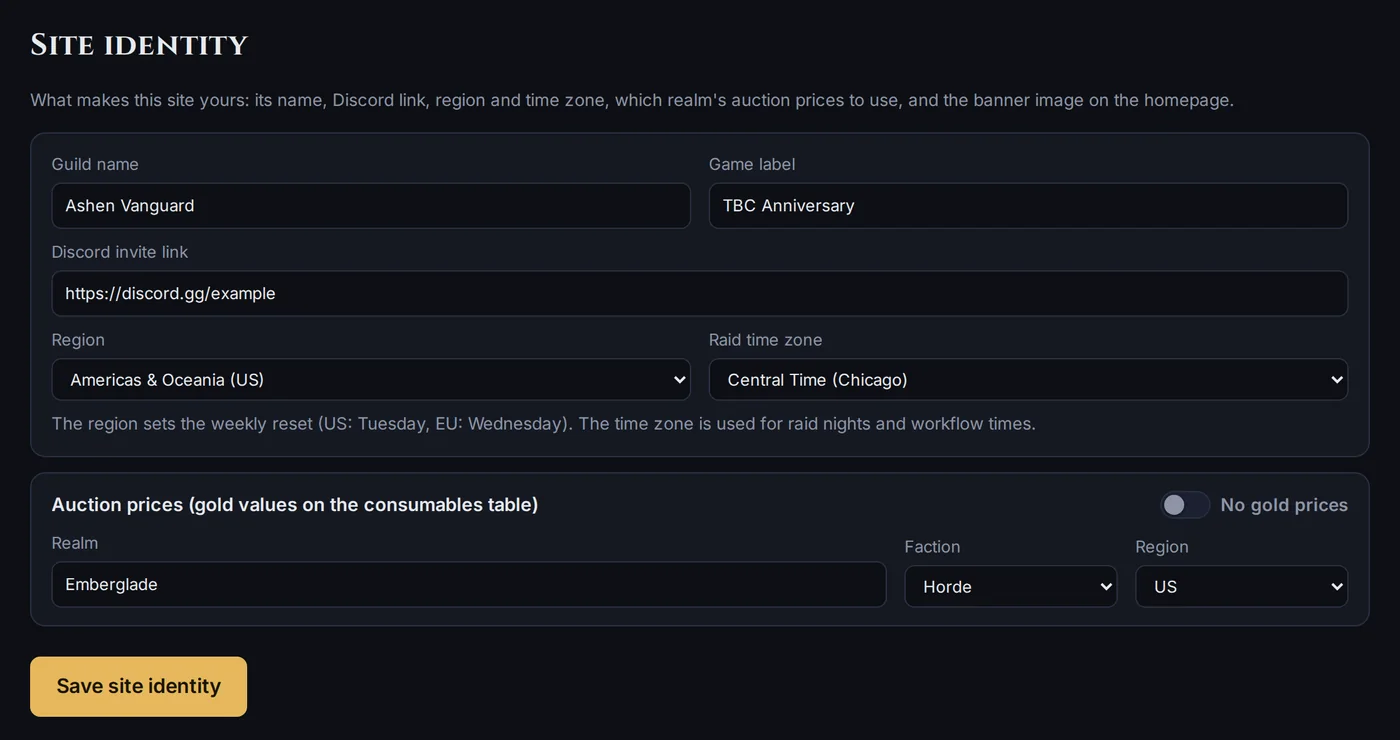 The admin Site identity form with guild name, address and banner settings
