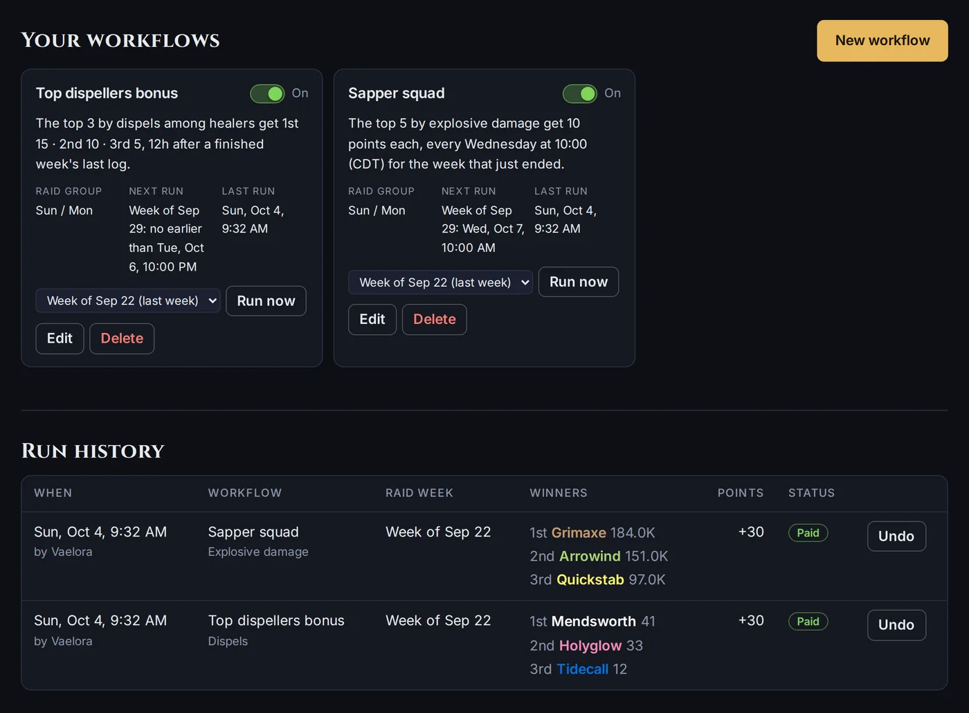The Workflows page: scheduled bonus workflows and a history of their runs